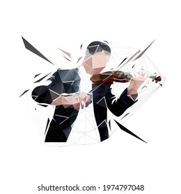 Violin player, low polygonal isolated vector illustration. Front view. Geometric drawing from triangles