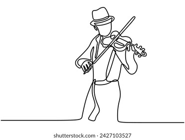 Dibujo de arte de una línea de violín. Ilustración vectorial persona violinista de pie y tocando música.