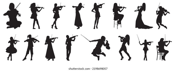 Violin Playing Silhouette Collection. Musicians Silhouettes set