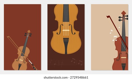 Maqueta del sistema del cartel del violín con tres Plantillas de Vertical en Ilustración vectorial marrón caliente de los tonos