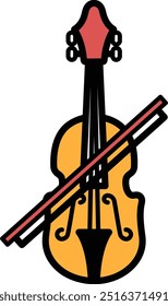A violin with a red bow is shown. Concept of elegance and sophistication, as the violin is a classic musical instrument often associated with classical music