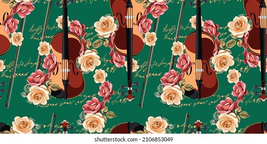 Geige mit Rosen auf grünem Hintergrund. Nahtloses Muster mit Musikinstrumenten und blühenden Pflanzen. Vektorbild. 