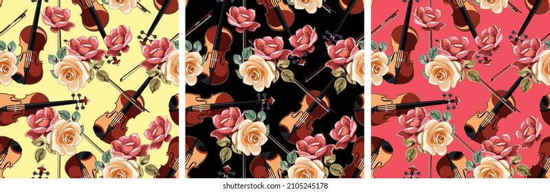 Violin with roses. Seamless pattern of stringed bowed musical instruments on a black background with flowering plants. Trendy vector image in the style of symphony, rock, jazz, pop for posters, textil