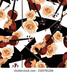 Violin with roses and sheet music. Seamless pattern of stringed bowed musical instruments on a black background with flowering plants. Trendy vector image in the style of symphony, rock, jazz, pop for