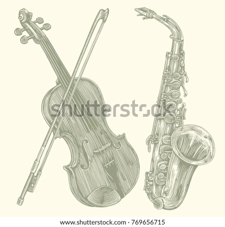 Violin and saxophone. Design set. Hand drawn engraving. Vector vintage illustration. Isolated on light background. 8 EPS