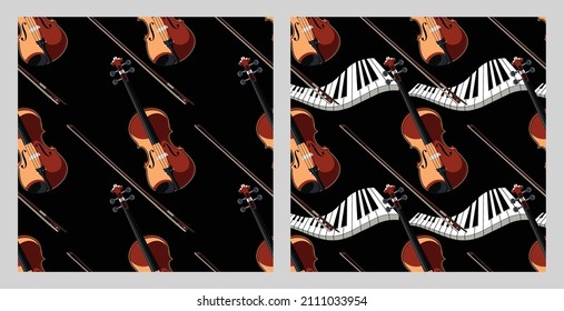 Violin. Seamless pattern with musical stringed bowed instruments. Music. Vector image. Kit. 