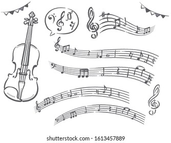 Violin and set of abstract musical notes. Vector illustration.