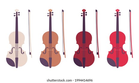 Violinset mit Bogen, geschliffenes Musikinstrumentenset mit Besen. Schöne Band, Orchester spielt Musikholzausstattung. Vektorgrafik im Flachstil einzeln, weißer Hintergrund, verschiedene Farben