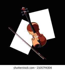 Violin with sheet music. Vector image of a musical instrument with notes on a black background. 