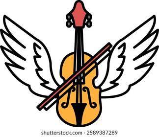 A violin is shown with wings on either side of it. The wings are white and the violin is yellow. Concept of freedom and creativity, as the violin is a symbol of music