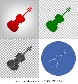 Violin sign illustration. Vector. 4 styles. Red gradient in radial lighted background, green flat and gray scribble icons on transparent and linear one in blue circle.