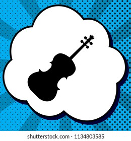 Violin sign illustration. Vector. Black icon in bubble on blue pop-art background with rays.
