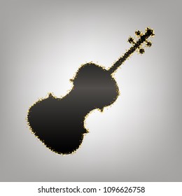 Violin sign illustration. Vector. Blackish icon with golden stars at grayish background.