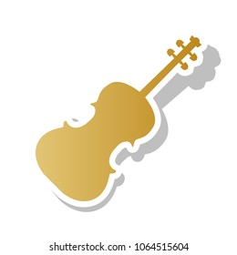 Violin sign illustration. Vector. Golden gradient icon with white contour and rotated gray shadow at white background.