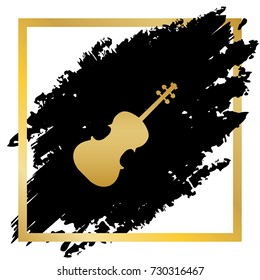 Violin sign illustration. Vector. Golden icon at black spot inside golden frame on white background.