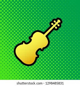 Violin sign illustration. Vector. Pop art orange to yellow dots-gradient icon with black contour at greenish background.