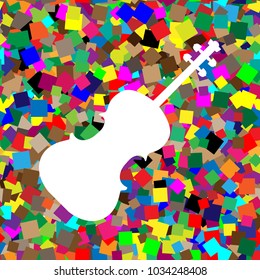 Violin sign illustration. Vector. White icon on colorful background with seamless pattern from squares.