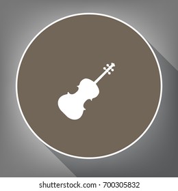 Violin sign illustration. Vector. White icon on brown circle with white contour and long shadow at gray background. Like top view on postament.
