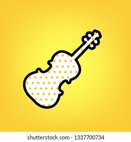 Violin sign illustration. Vector. Yellow polka dot white icon with black contour at warm yellow background.