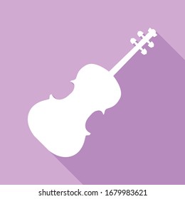 Violin sign illustration. White Icon with long shadow at purple background. Illustration.