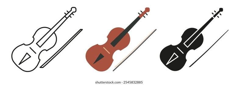 Violino. Um conjunto simples de instrumentos musicais. Imagens de violinos em diferentes estilos. EPS 10.