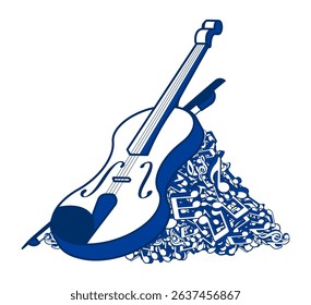 Violin and string bow musical instrument on top of mountain made of notes and musical symbols piled up in big heap. Musical notes big pile. Vector banner for advertising of music opera