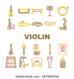 Violin String Musical Instrument Icons Set Vector. Electric Violin And Bow, Music Stand And Notes, Rack And Case, Rosin And Snare Concept Linear Pictograms Collection. Contour Illustrations