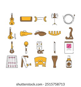 Violin String Musical Instrument Icons Set Vector. Electric Violin And Bow, Music Stand And Notes, Rack And Case, Rosin And Snare color Contour Illustrations