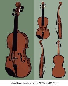 
violin stringed instrument with side, front, top and bottom views