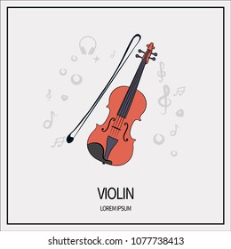 Violin, stringed-plucked instrument. Icon isolated on a light background. With elements of a treble clef, a star, headphones, a mediator. Banner with a frame. Vector illustration.