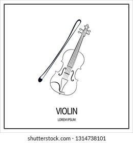 Violin, stringed-plucked instrument. Linear icon isolated on white background. Outline. Banner with frame. Vector illustration