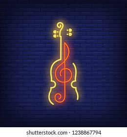 Violin and treble clef neon sign. Classical music, concert or advertisement design. Night bright neon sign, colorful billboard, light banner. Vector illustration in neon style.