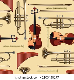Violin, Trumpet and Flute. Seamless pattern with musical instruments. Vector image of isolated objects. 