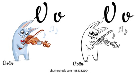 Violin. Vector alphabet letter V, coloring page