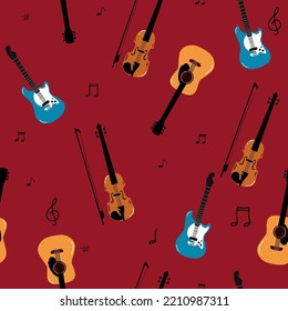 Violin. Vector illustration of a violin isolated on white. seamless, pattern Musical instruments . Hand drawn background. Great for textiles, wrapping paper, wallpapers.