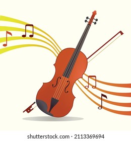 Violin vector illustration. string musical instrument. Orchestra istrument.  Wooden instrument. Gradient colors. Musical notes