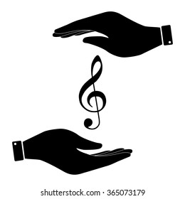 Violine clef in hand icon, care symbol vector illustration. Flat design style