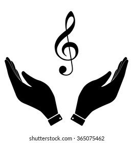 Violine clef in hand icon, care symbol vector illustration. Flat design style