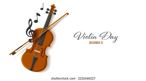 Violine day poster with realistic cartoon violine and volume clef and notes