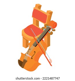 Violine icon isometric vector. Bowed musical instrument near wooden chair icon. Music and art concept