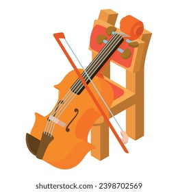 Violine icon isometric vector. Bowed musical instrument near wooden chair icon. Music and art concept