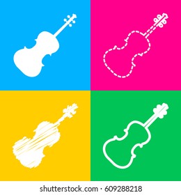 Violine sign illustration. Four styles of icon on four color squares.