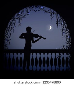 violinist  in the arch of a balcony at romantic dark night, romantic melody character, silhouette, shadows, background
