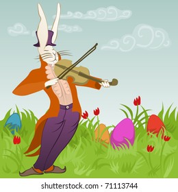 violinist bunny surrounded by easter eggs