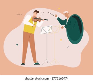 Violinist and conductor play music together. Musician plays violin. Scene of remote music lesson, online symphony concert. Vector character illustration of online services, teleportation metaphor