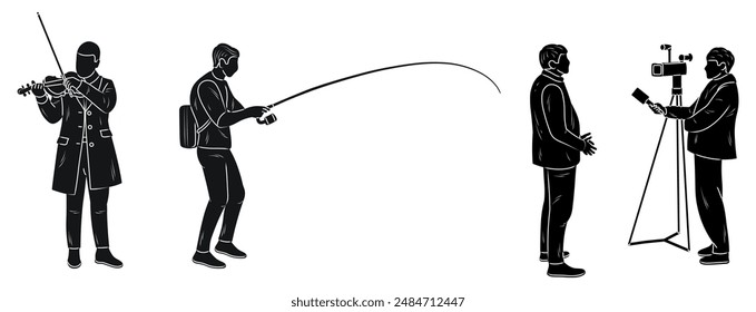 Violinist, fisherman, sports journalist, trophy, responder, silhouette sketch