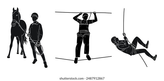 Violinist, fisherman, sports journalist, trophy, responder, silhouette sketch