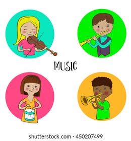 Violinist girl, flutist boy drummer and trumpeter kids. Musician children icons set. Funny cute kids with musical instruments. Flat sketch, doodle style vector. Round design.