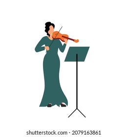 Violinist. Girl in green dress standing playing violin. Icon, clipart for website, application, invitations for concerts, performances. Vector flat illustration, cartoon style.