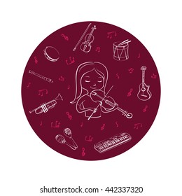 Violinist girl and set of Musical Instruments. Flat monochrome vector. Sketch, doodle style. Guitar and violin, synthesizer or drum and trumpet line icons. Round design.